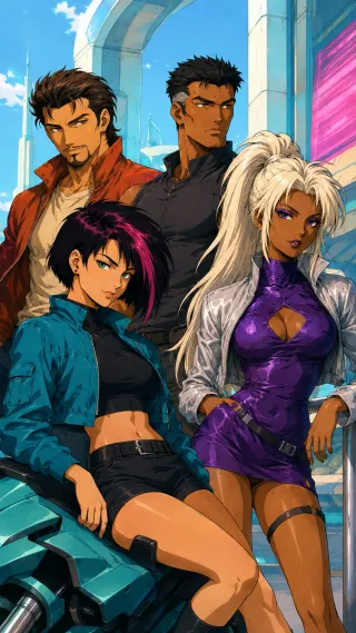 Neon Afterhours: Nyx sits by a motorcycle beside Ash, while Rafe and Leon watch from a bright futuristic arcade.