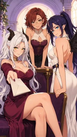 Pact of the Fallen: Three adult women gather around a contract: Seraphine seated in front, Liora standing to the right, and Mara leaning over a side table.