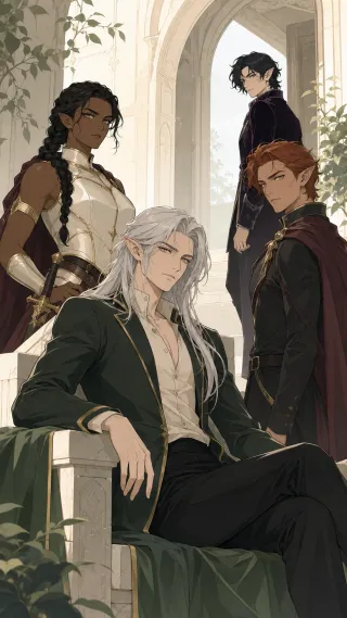 The Rose Court: Aurelian sits in the foreground, with Isolde, Cassian and Valen on the palace steps.