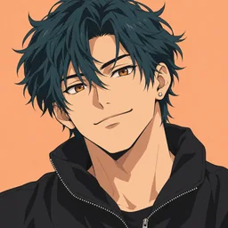 Avatar anime datar berambut hijau kebiruan dengan jaket hitam