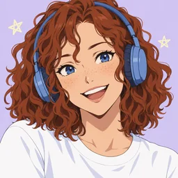 Avatar anime datar berambut keriting kemerahan dengan headphone biru
