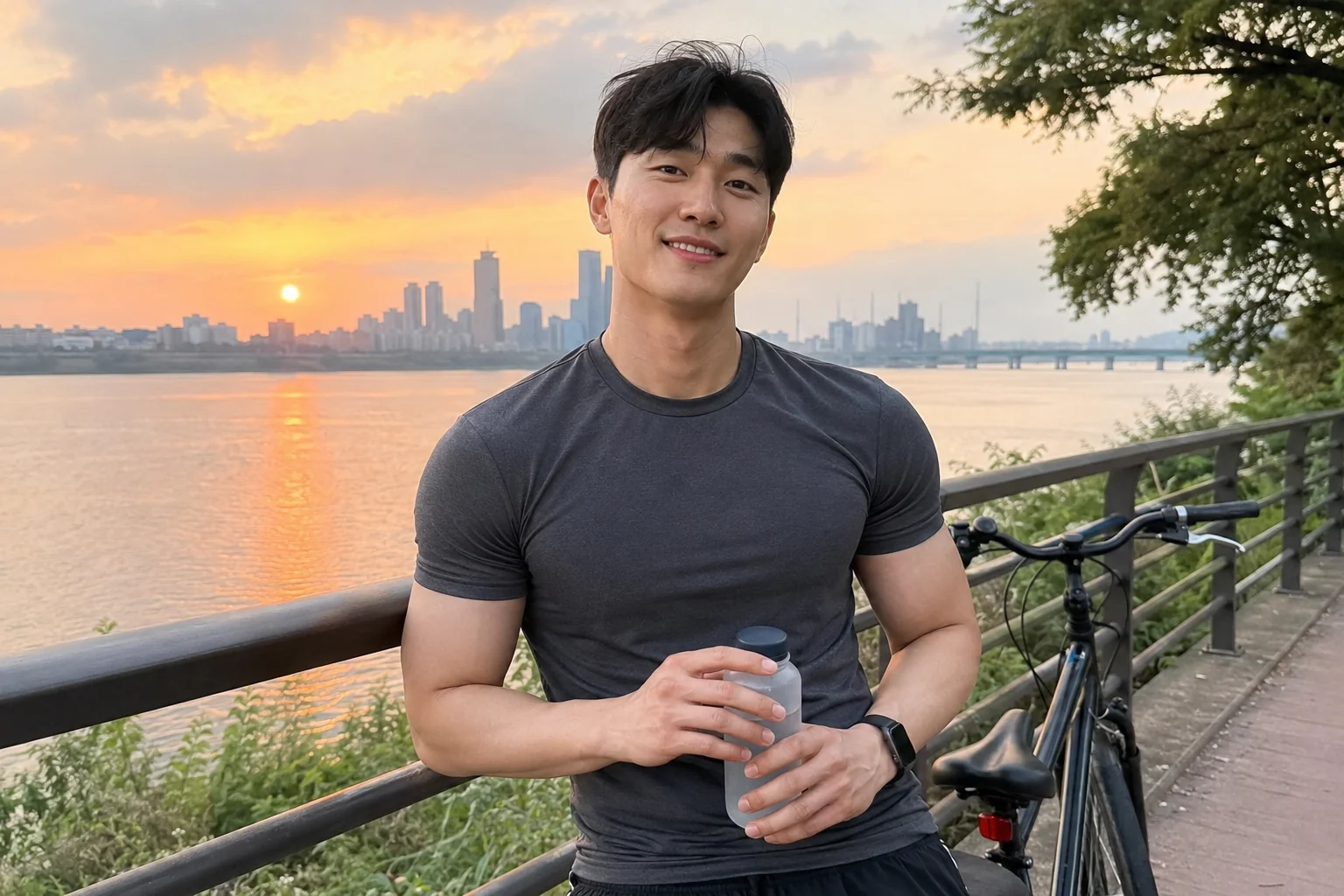 지훈이 한강에서 자전거를 탄 뒤 강변에 서서 노을을 즐기는 모습.