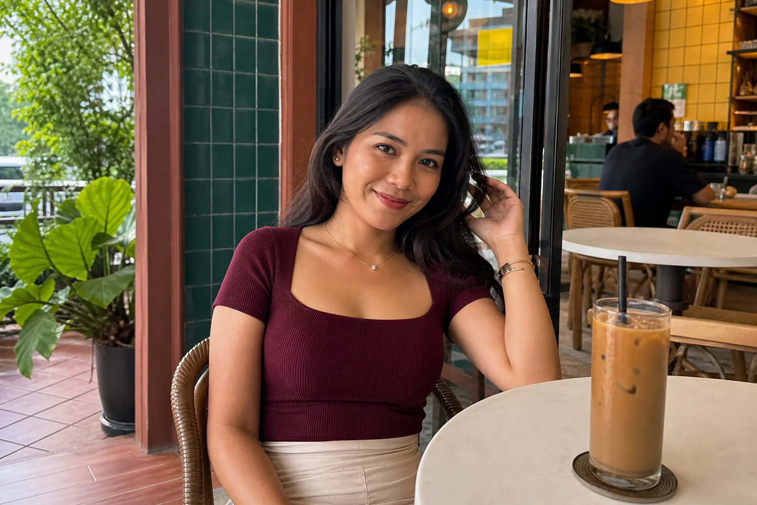 Aina menikmati kopi ais di teres kafe yang nyaman di Kuala Lumpur.