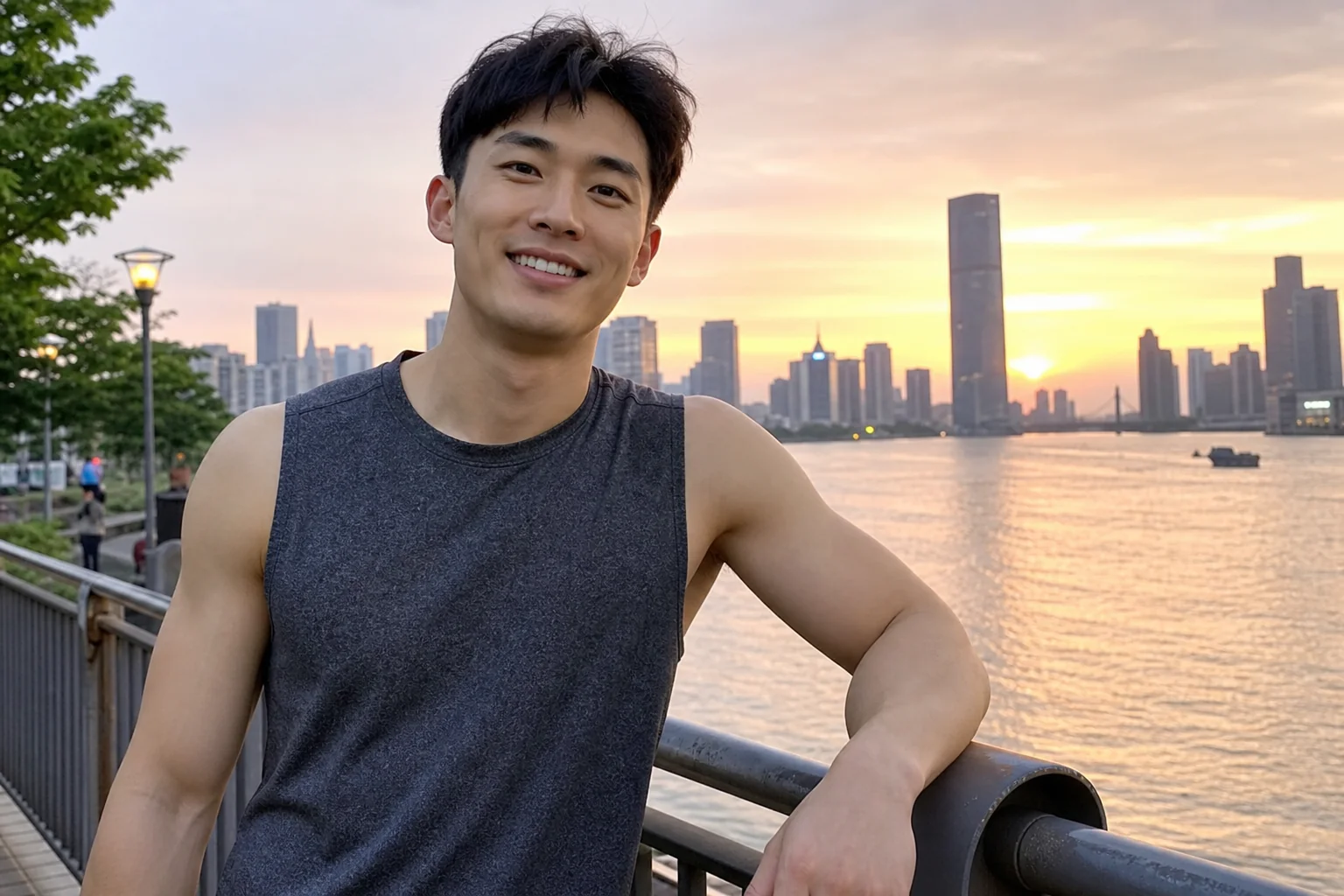 阿屿在傍晚跑步后靠着江边栏杆,身后是夕阳和城市天际线。