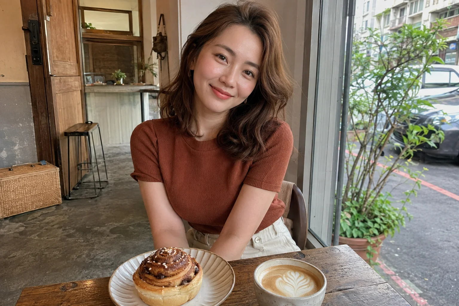 小晴在台北咖啡館享用肉桂捲和咖啡,分享悠閒的早午餐。